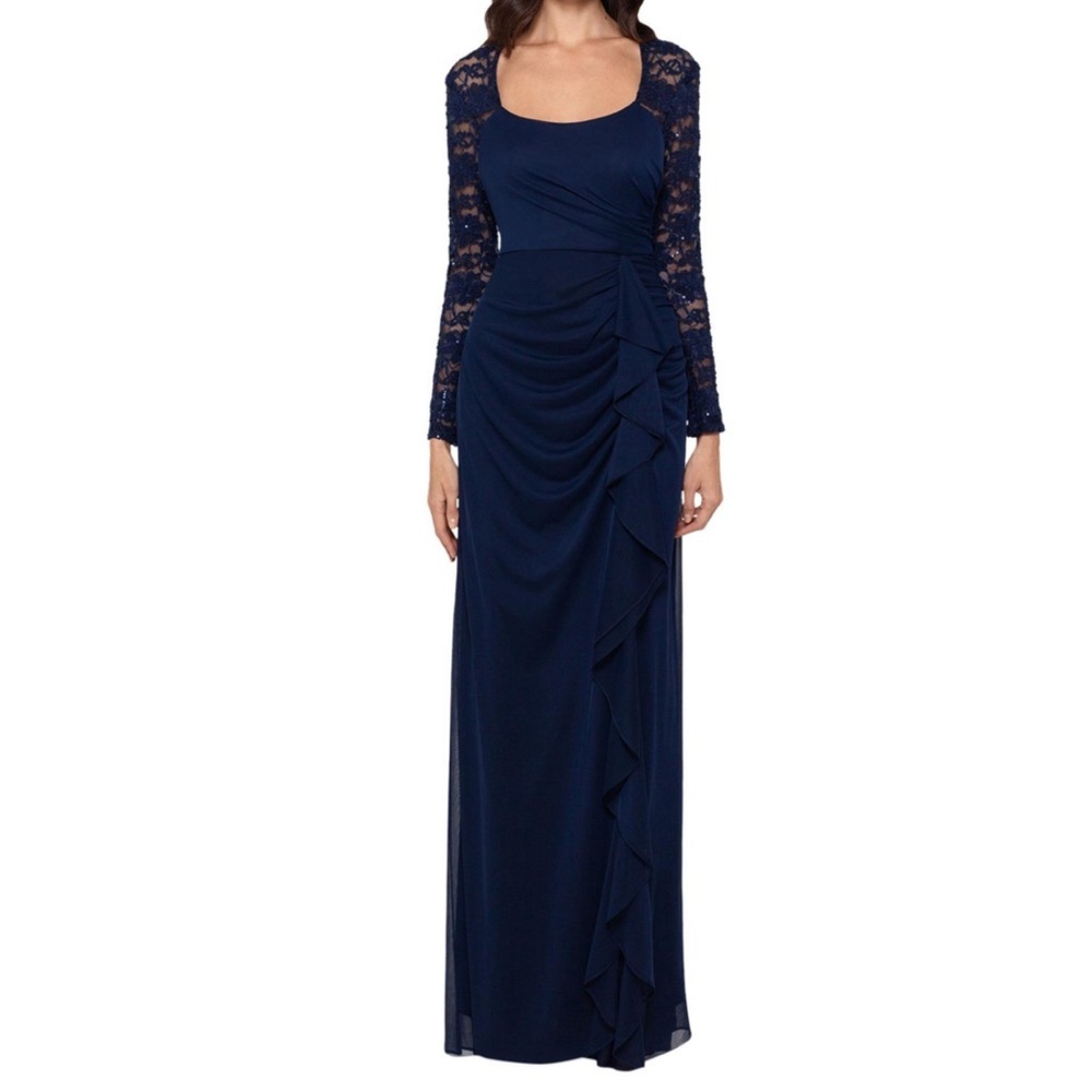 X by Xcape Lace Sleeve Side Ruching Gown Dress Size 6